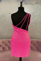 Hot Pink One Shoulder Sequins Straps Sheath Homecoming Dress with Tassels