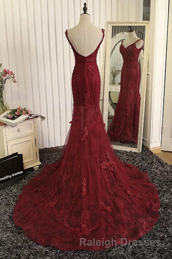 Burgundy Trumpet Sweep Train V Neck Mid Back Appliques Beading Long Prom Dresses Secondary image