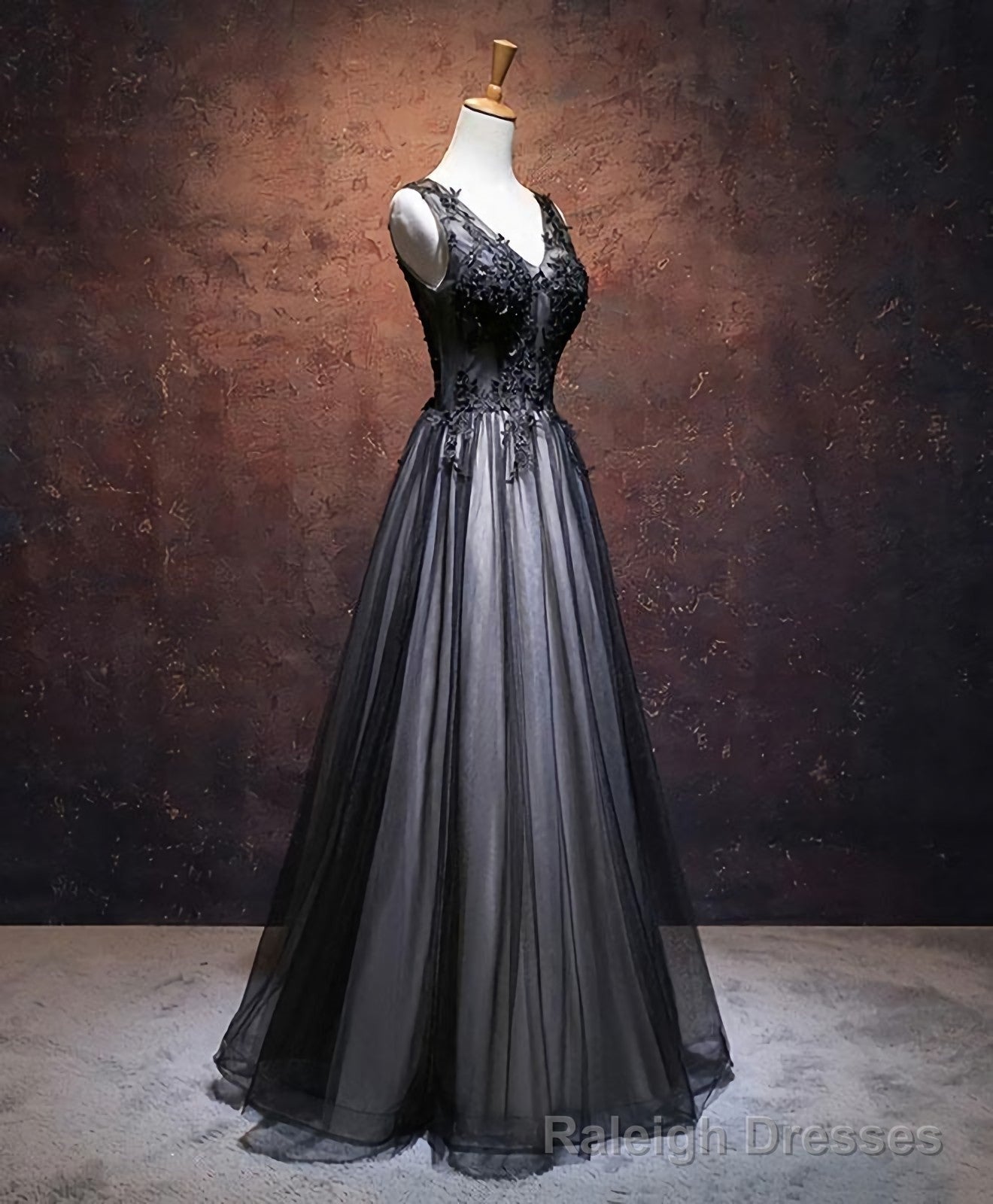 Black V Neck Tulle Lace Applique Long Prom Dress, Black Prom Dress, 1 Main image