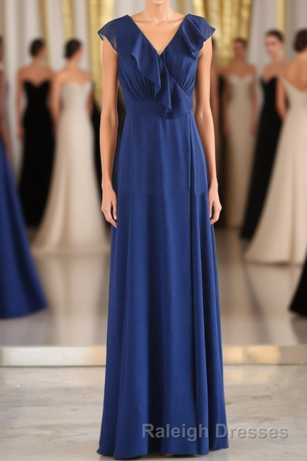 Navy Blue Ruffled Tie-Side Long Bridesmaid Dress