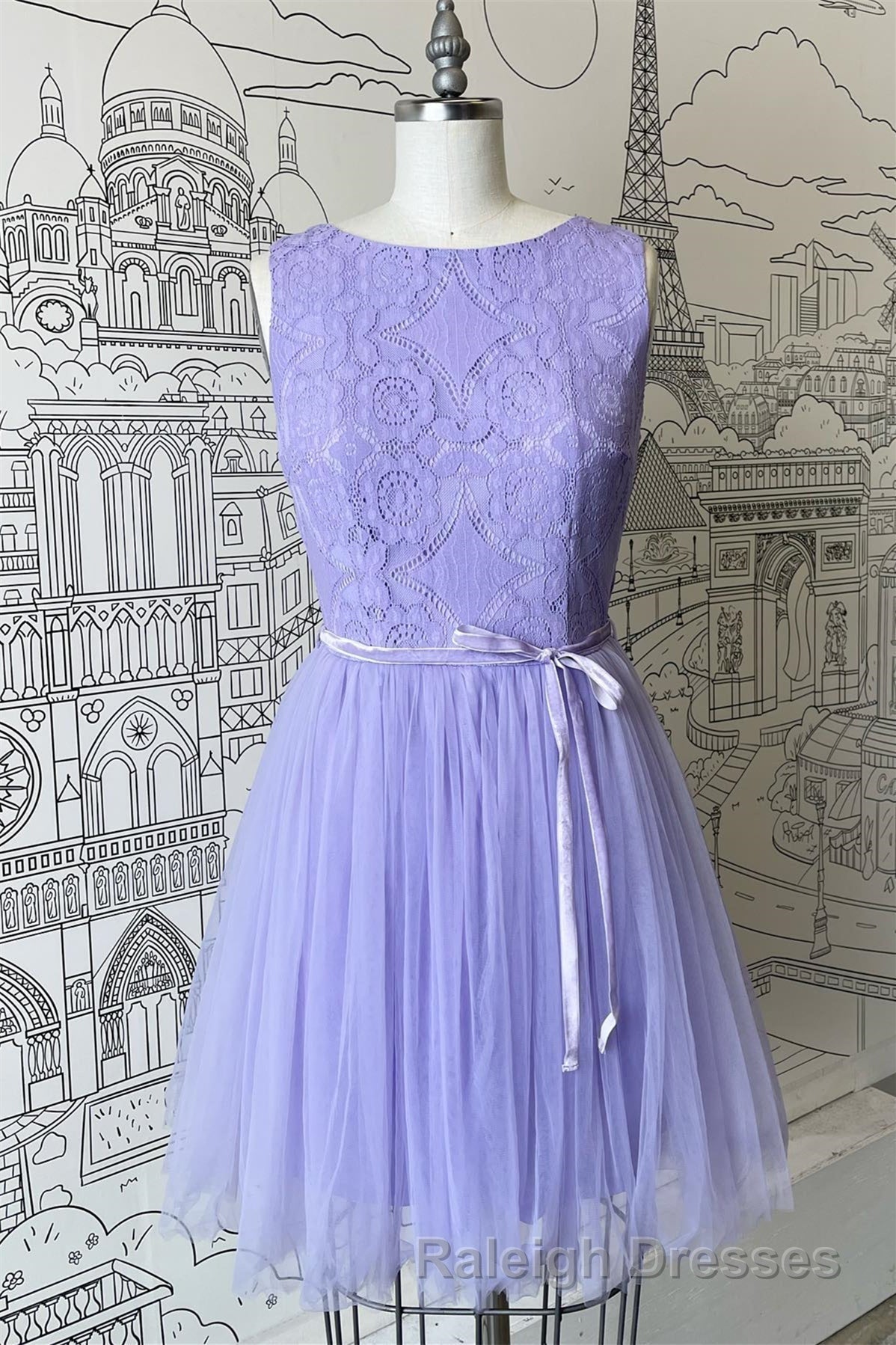 A-line Scoop Neck Tulle Lace Mini Bridesmaid Dress with Sash Secondary image
