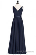 Navy Blue V Neck Tie-Back A Line Long Bridesmaid Dresses