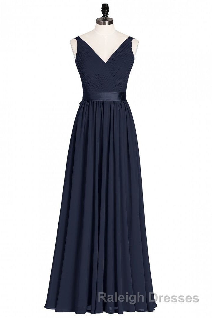 Navy Blue V Neck Tie-Back A Line Long Bridesmaid Dresses