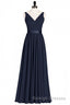 Navy Blue V Neck Tie-Back A Line Long Bridesmaid Dresses