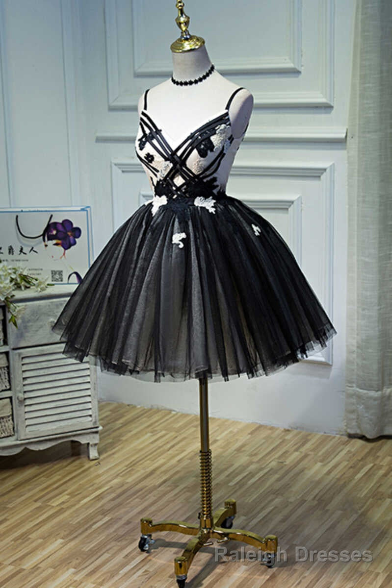 A Line Flower Black Lace-Up Short Homecoming Dress