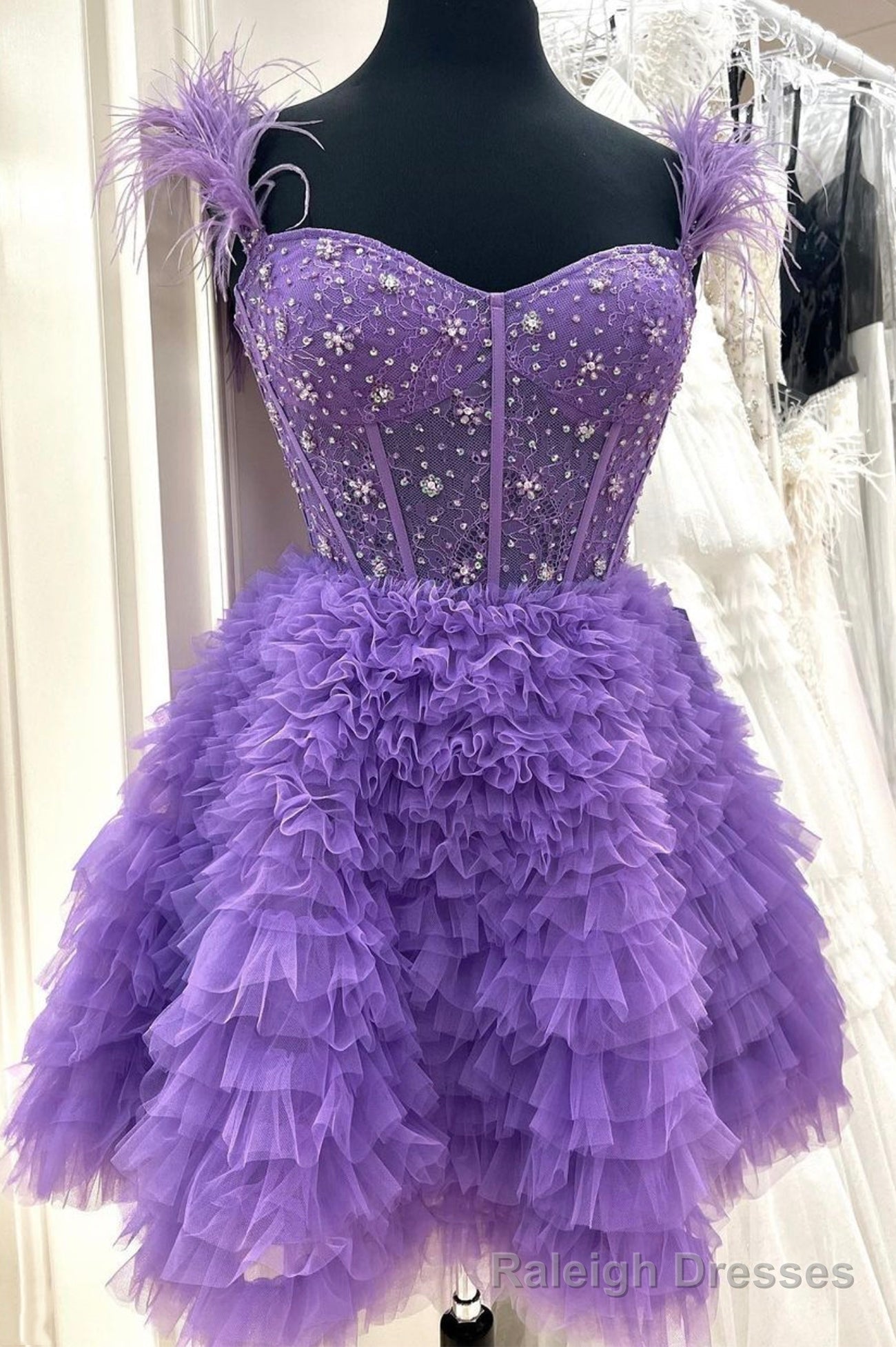 Purple Tulle Beaded Knee Length Prom Dress, A-Line Party Dress Main image