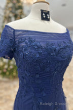 Dark Blue Off-Shoulder Floral A-line Long Mother of Brides Dress