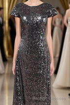 Black Sequin Cap Sleeve Backless Long Bridesmaid Dress