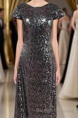 Black Sequin Cap Sleeve Backless Long Bridesmaid Dress