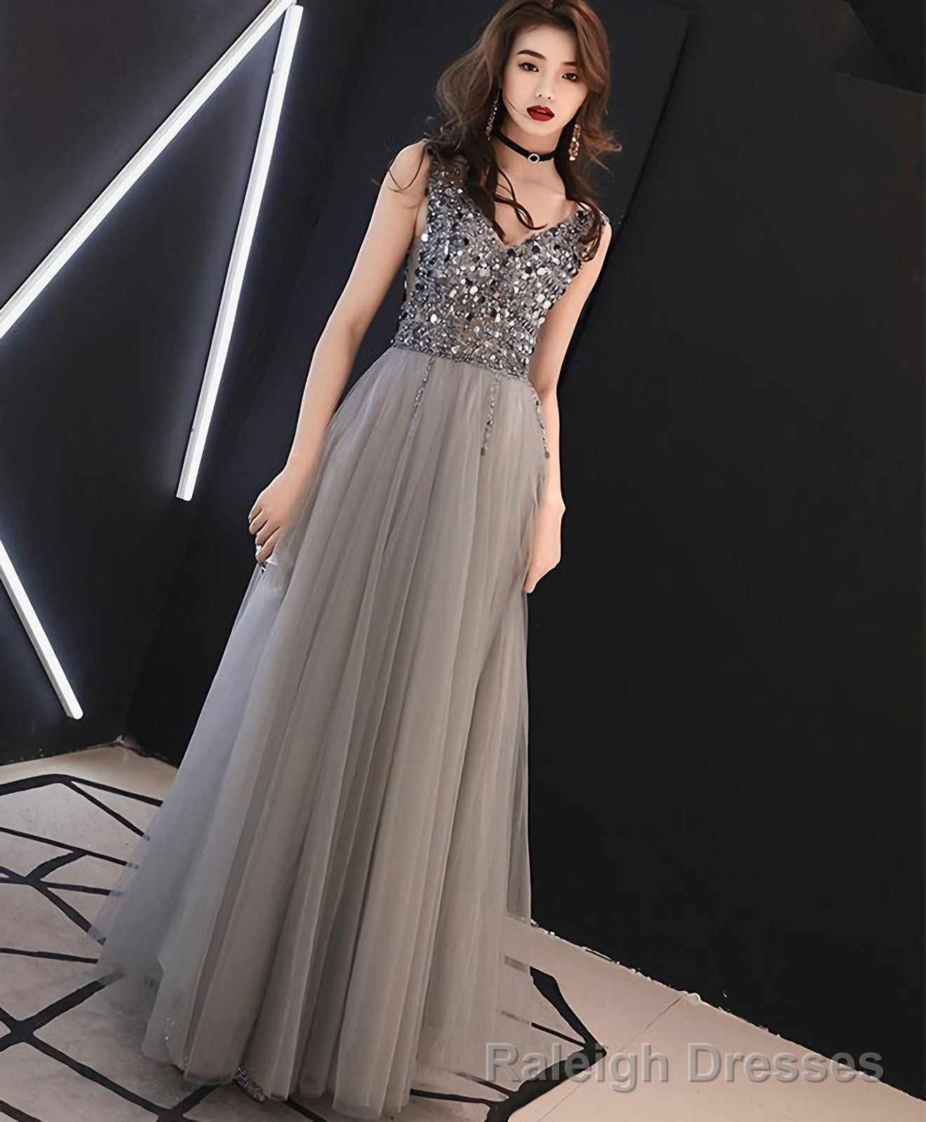 Gray V Neck Tulle Sequin Long Prom Dress Gray Tulle Evening Dress