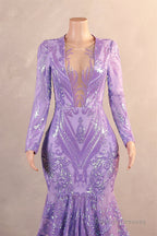 V-Neck Mermaid Sweep Train Sequins Zipper Long Sleeve Evening Dress