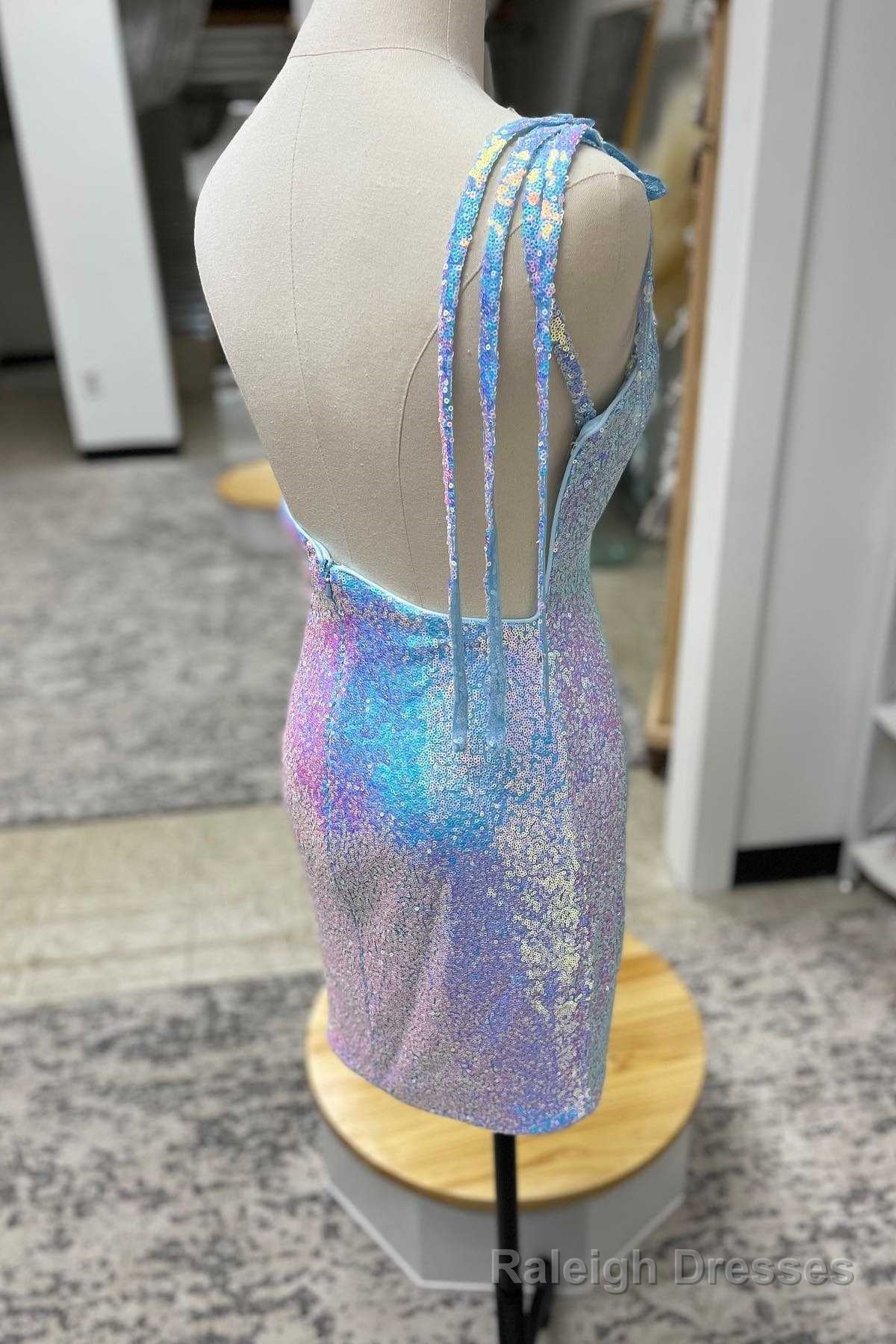 Light Blue Sequin One-Shoulder Flowers Short Party Dress Secondary image