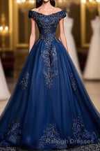 Blue Tulle Lace Off Shoulder Long Prom Dress, Blue Tulle Lace Evening Dress