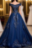Blue Tulle Lace Off Shoulder Long Prom Dress, Blue Tulle Lace Evening Dress