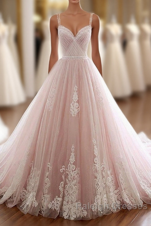 Pink Sweetheart Lace Tulle Long Prom Dress, Lace Pink Evening Dress Main image