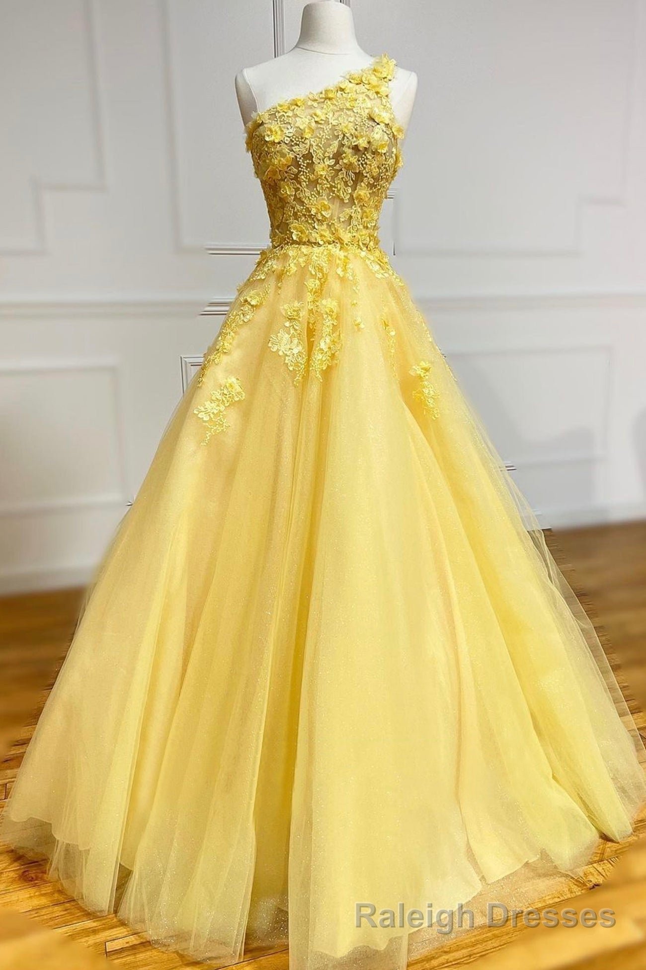 Yellow Lace One Shoulder Evening Dress, A-Line Tulle Long Prom Dress Main image
