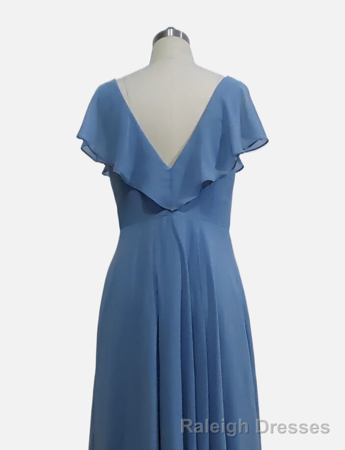 A Line Short Sleeves Chiffon V Neck Ruffles Floor Length Bridesmaid Dress