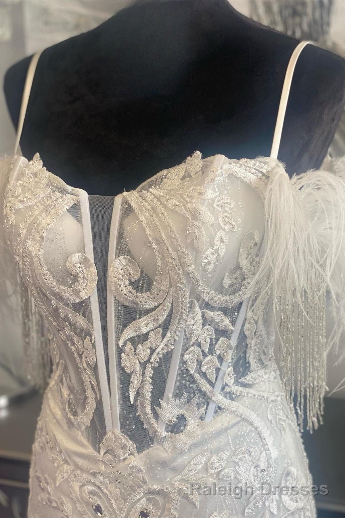 White Plunging V Neck Off-the-Shoulder Appliques Homecoming Dress with Feathers Secondary image