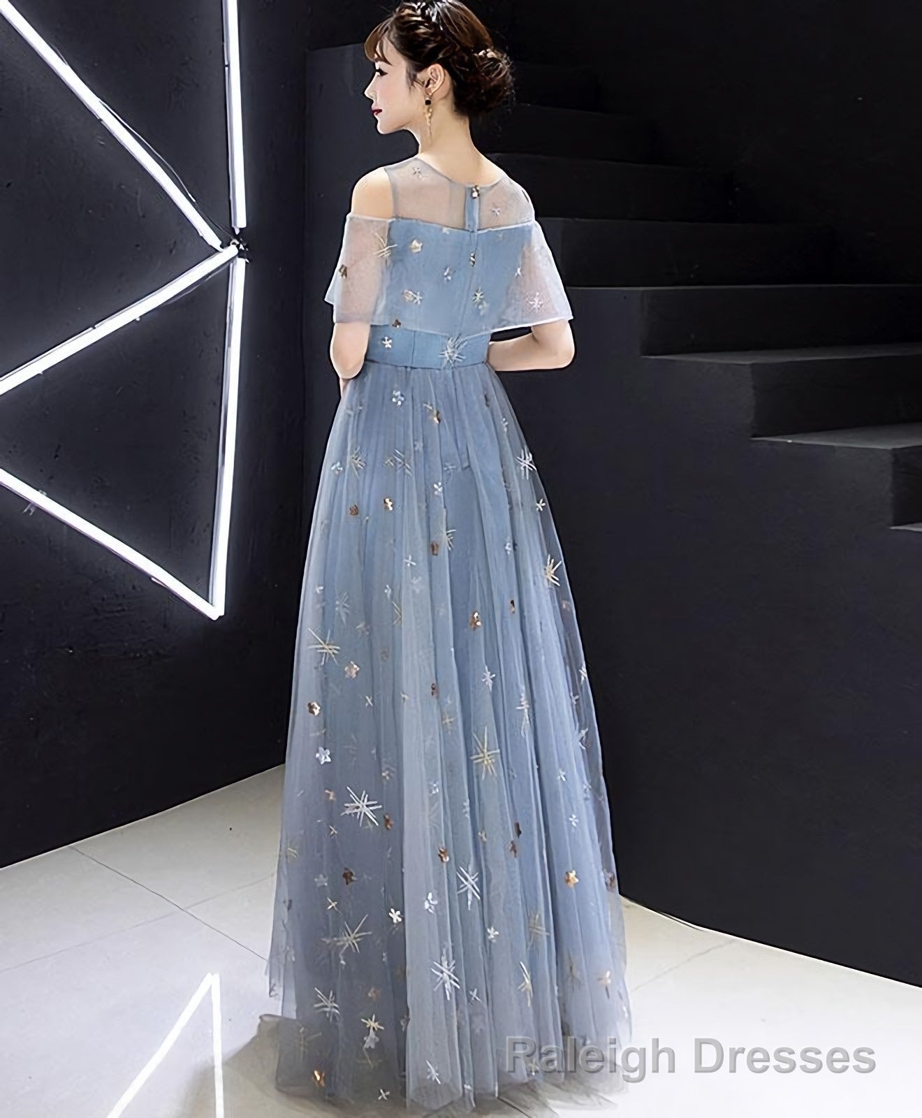 Blue Round Neck Tulle Long Prom Dress, Blue Tulle Evening Dress, 1 Secondary image