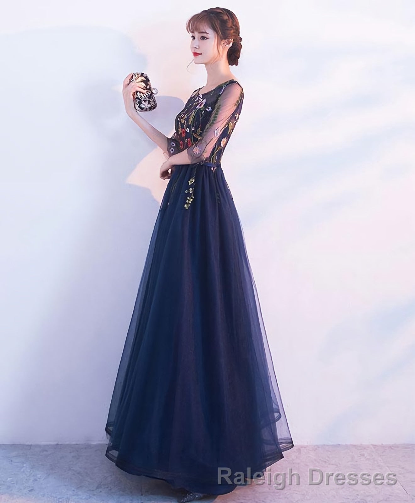 Dark Blue Tulle Lace Long Prom Dress Blue Evening Dress