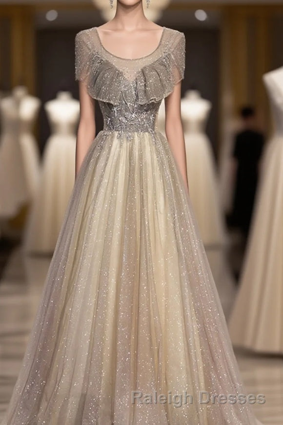 Champagne Round Neck Sequin Long Prom Dress, Tulle Formal Dress