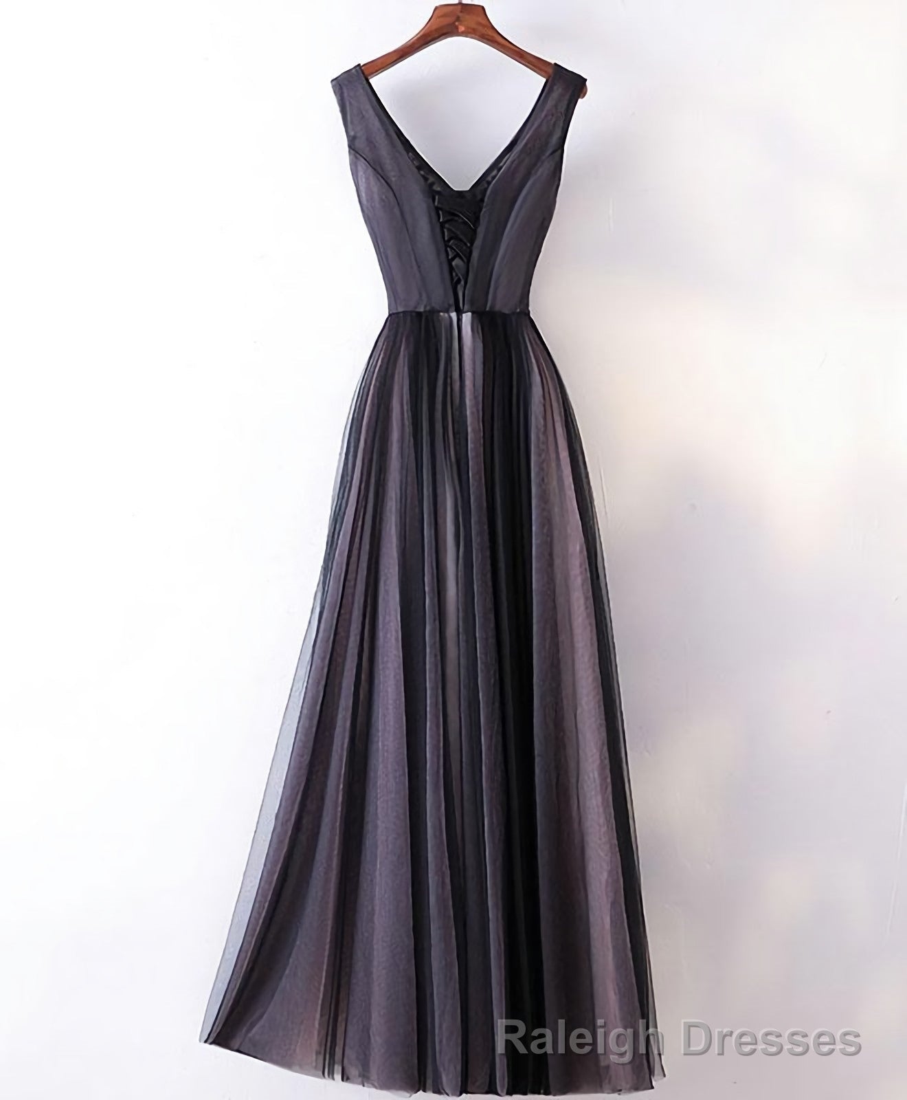 Black V Neck Lace Applique Tulle Long Prom Dress, Black Evening Dress Secondary image