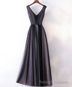 Black V Neck Lace Applique Tulle Long Prom Dress, Black Evening Dress