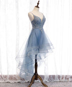 Blue Sweetheart Tulle Lace High Low Prom Dresses Blue Homecoming Dresses