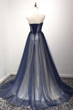 Navy A Line Sweep Train Straight Sleeveless Mid Back Lace Up Prom Dresses