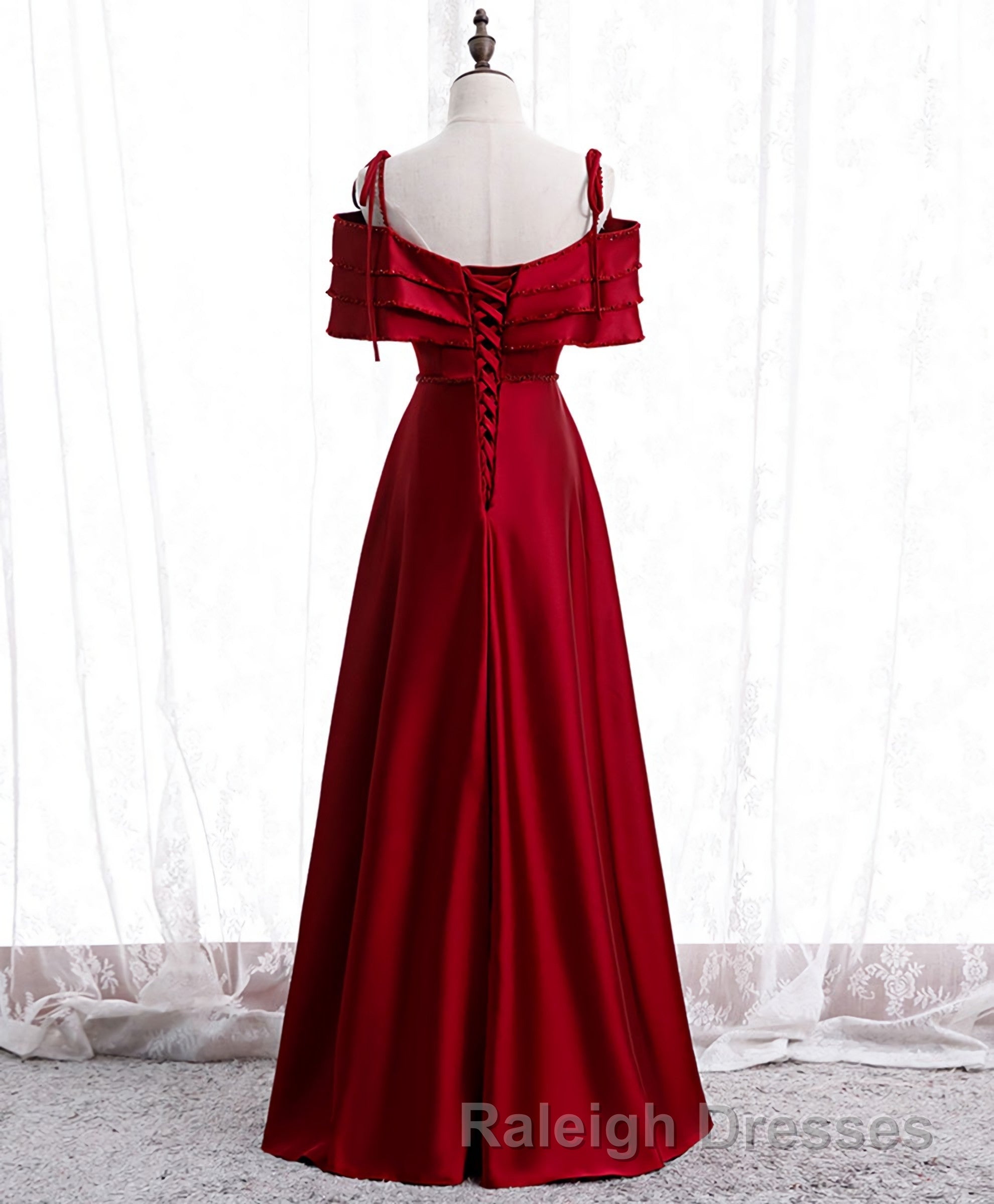 Burgundy Satin Beads Long Prom Dress, Burgundy Evening Dress Secondary image