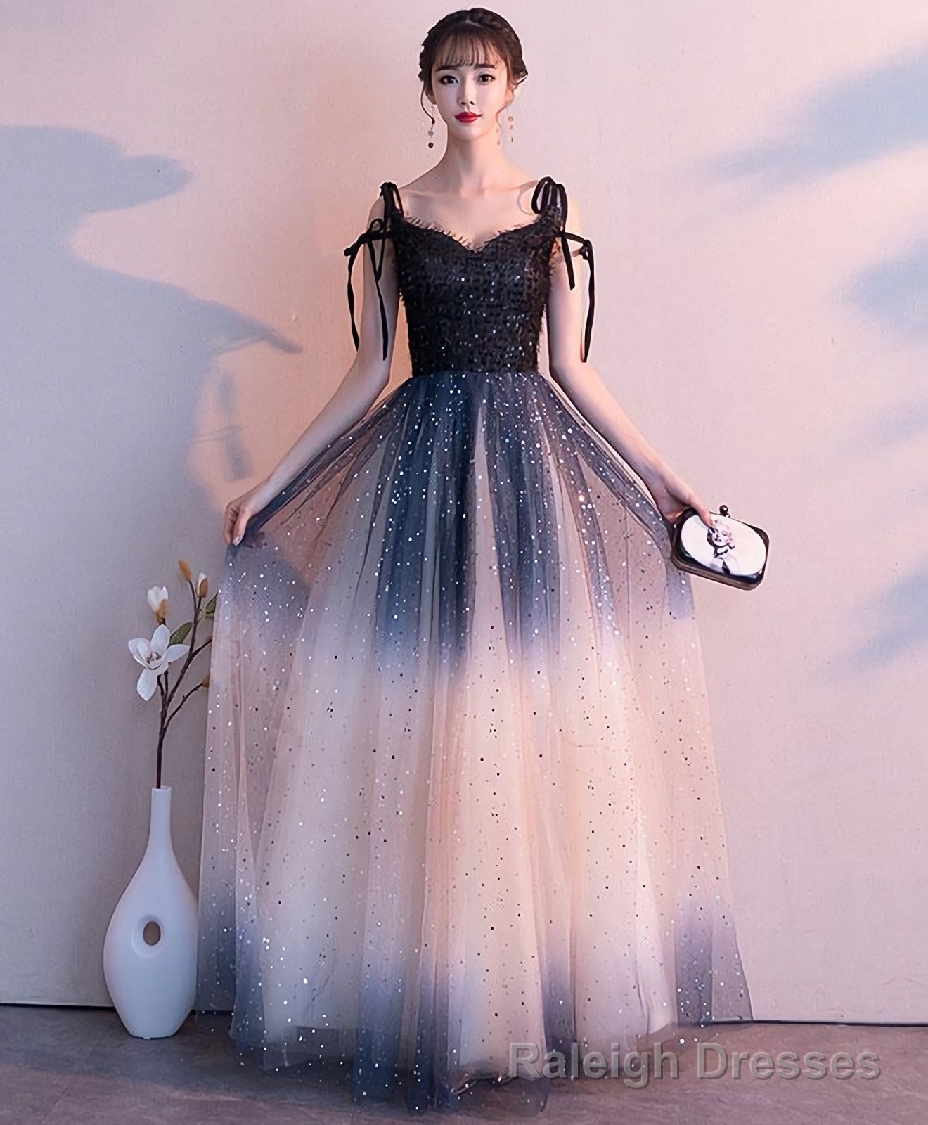 Black Sweetheart Tulle Sequin Long Prom Dress, Black Evening Dress