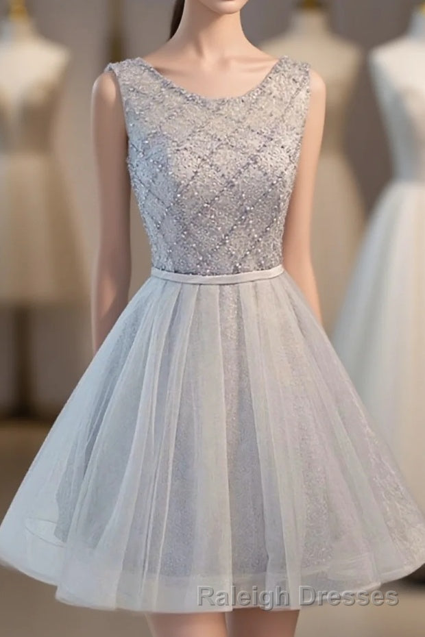 Gray Tulle Beads Short Prom Dress, Gray Homecoming Dress
