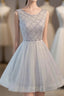 Gray Tulle Beads Short Prom Dress, Gray Homecoming Dress