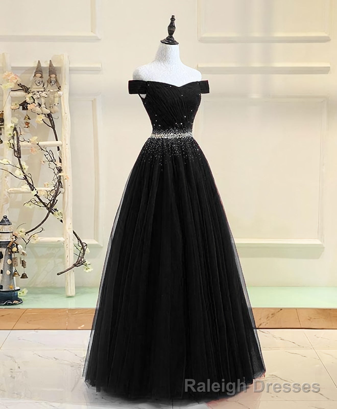 Black Tulle Sequin Long Prom Dress, Black Tulle Evening Dress Secondary image