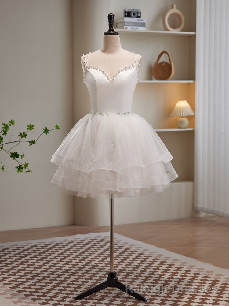 White Spaghetti Strap Tulle Short Prom Dress, Cute A Line Prom Dress Main image
