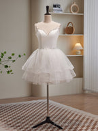 White Spaghetti Strap Tulle Short Prom Dress, Cute A Line Prom Dress