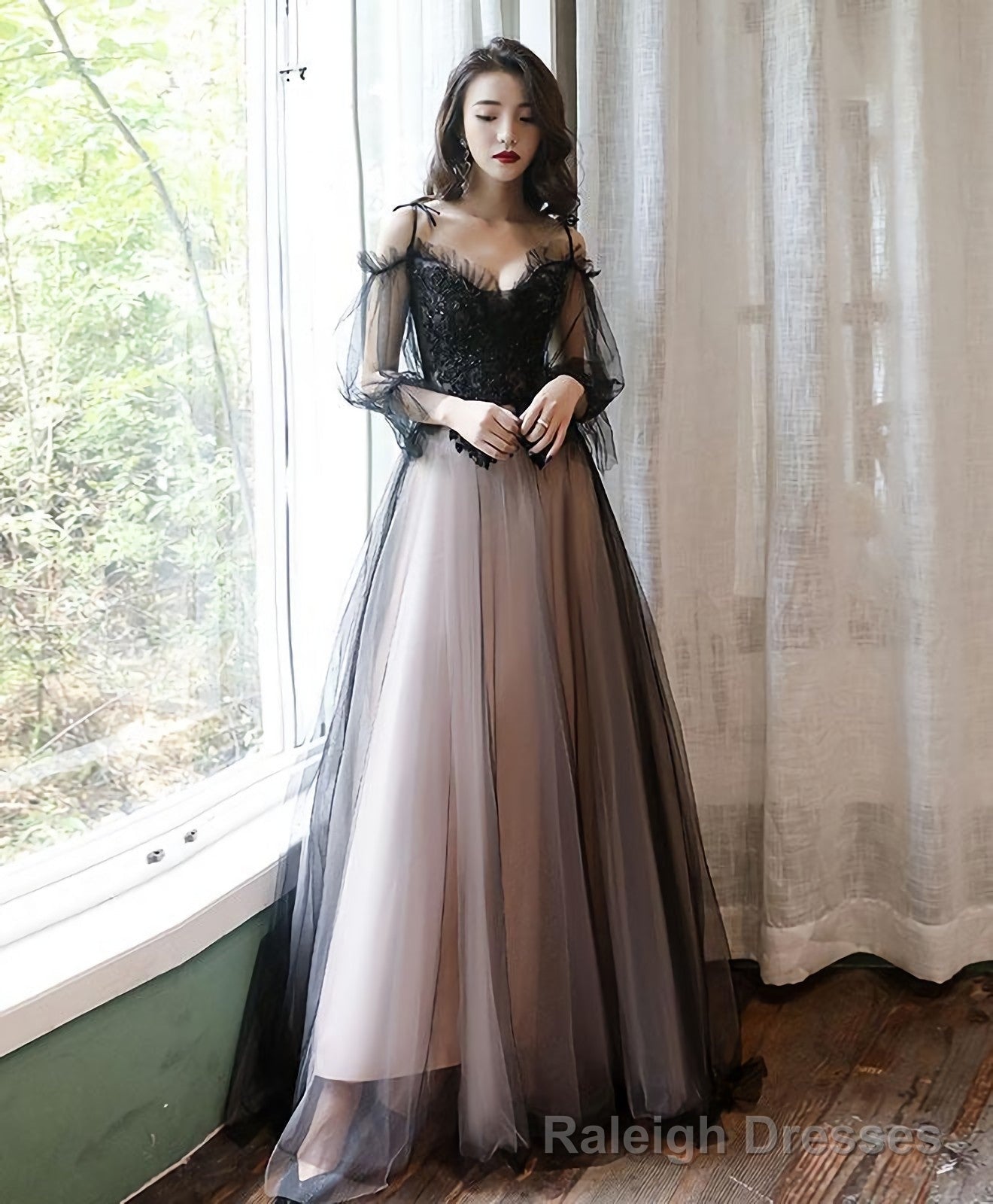 Black Tulle A Line Lace Long Prom Dress, Tulle Lace Formal Dress