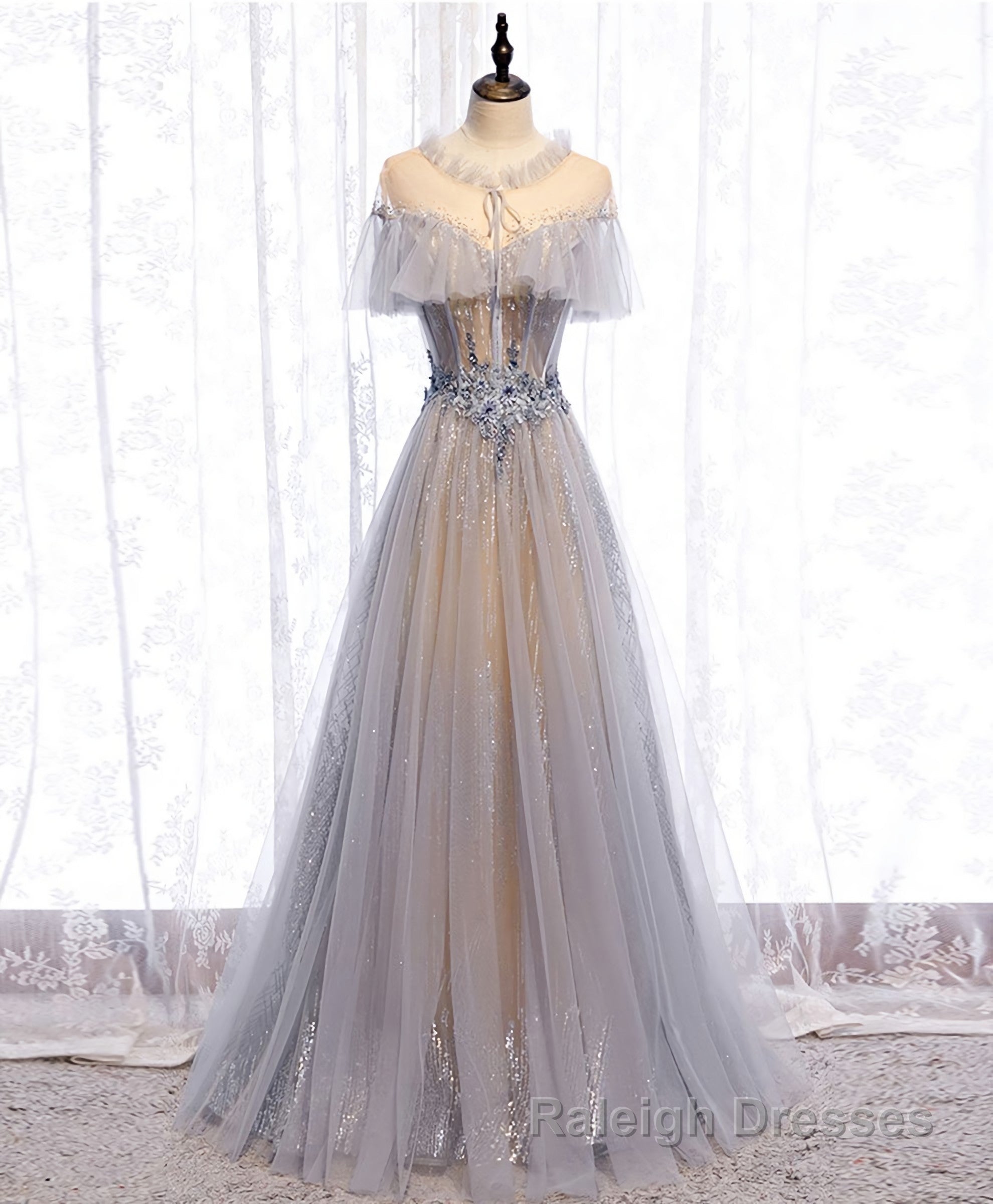 Gray Tulle Lace Long Prom Dress, Gray Tulle Formal Dress, 3 Main image