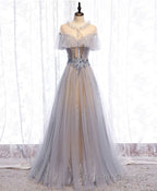 Gray Tulle Lace Long Prom Dress, Gray Tulle Formal Dress, 3