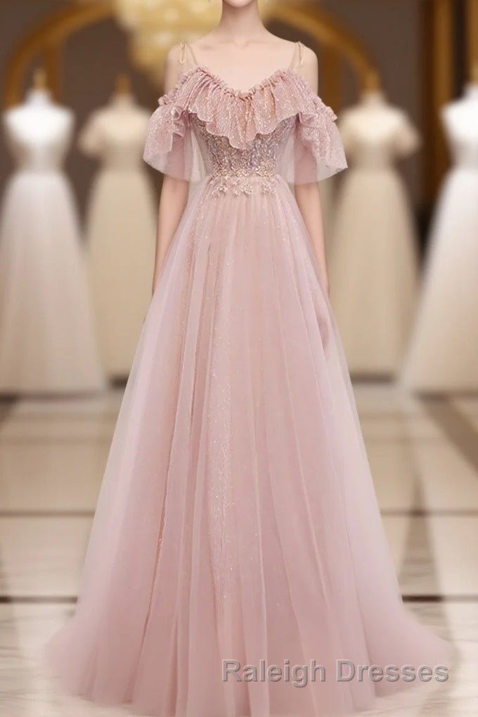 Pink V Neck Tulle Lace Long Prom Dress, Pink Bridesmaid Dress, 1 Main image