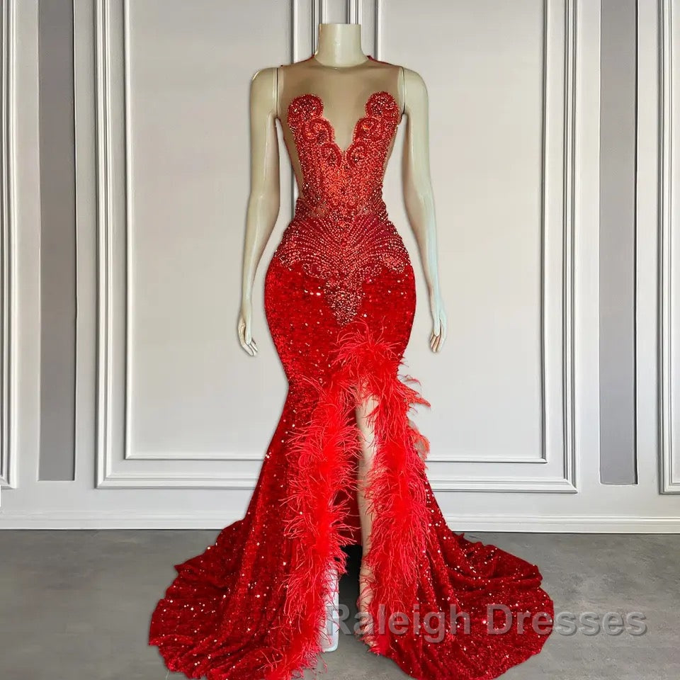 Red Sleeveless Sequins Mermaid Prom Dress with Front Slit Beadings and Feathers