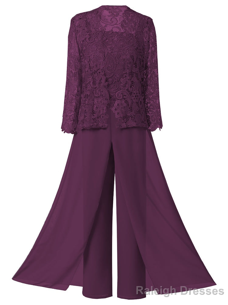 Mother of the Bride Dresses, Lace Chiffon Three-Piece Plus Size Mother of the Bride Pant Suits