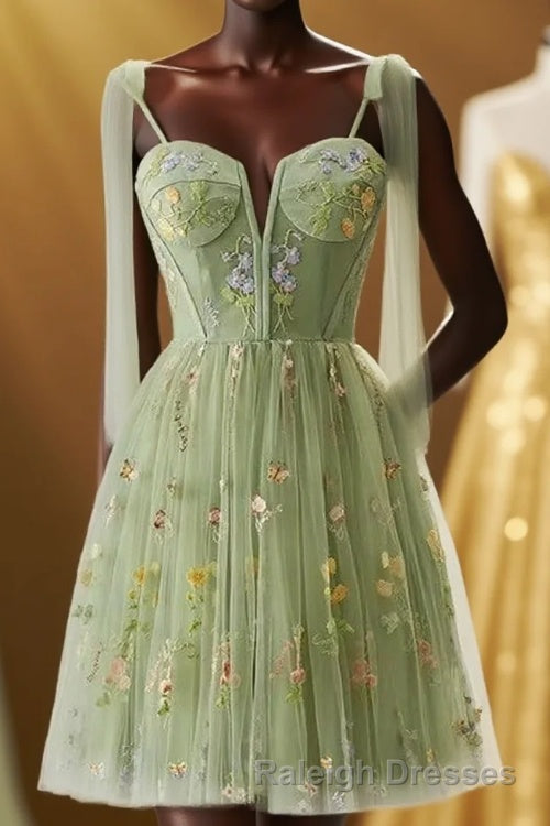Green Floral Tulle A-line Short Dress with Tie Shoulders Main image