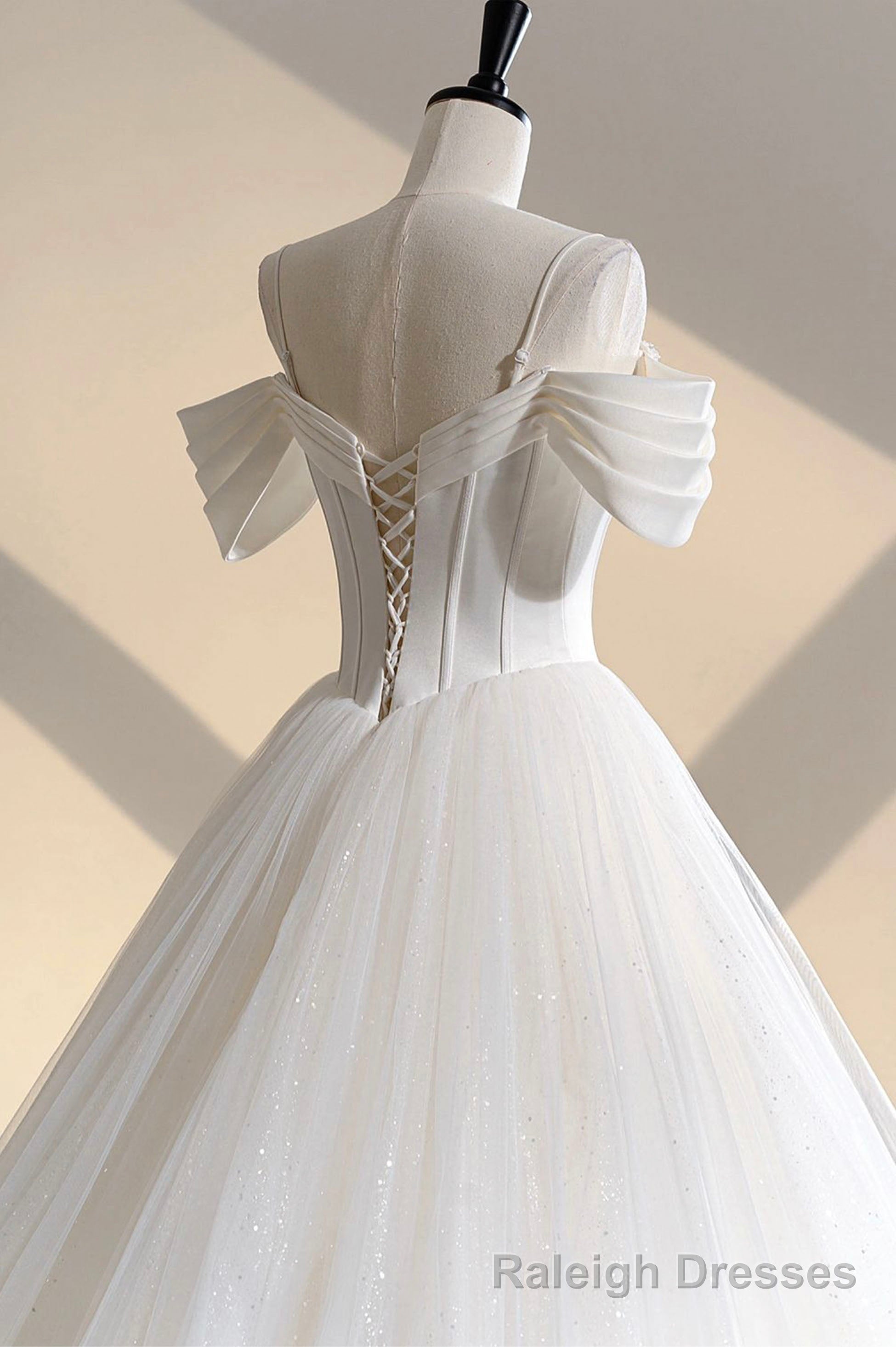 Ivory Tulle Off the Shoulder Formal Gown, Elegant A-Line Wedding Dress