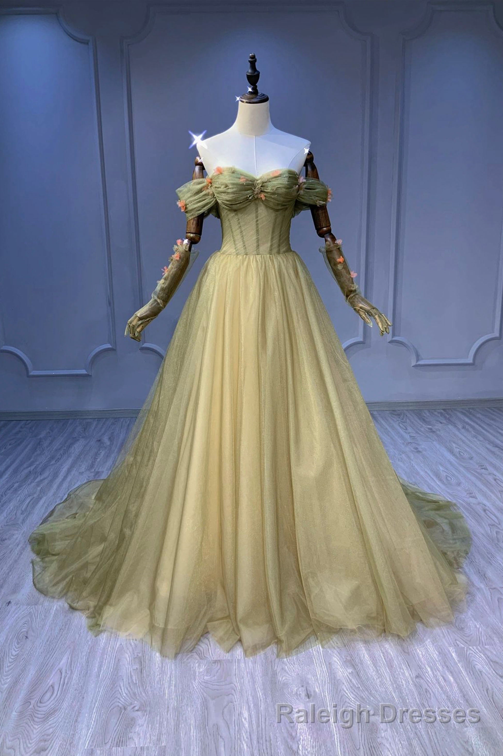 Green Tulle Long A-Line Prom Dress, Off the Shoulder Evening Party Dress