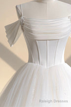 Ivory Tulle Off the Shoulder Formal Gown, Elegant A-Line Wedding Dress