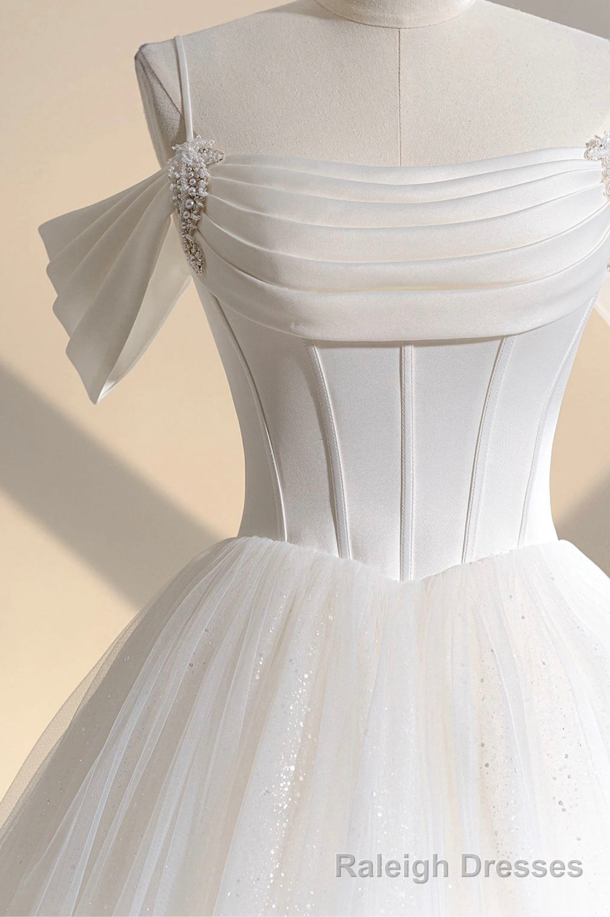 Ivory Tulle Off the Shoulder Formal Gowns, Elegant A Line Wedding Dress
