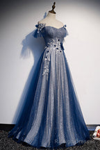 Blue Tulle Sequins Long Prom Dress, A-Line Evening Dress