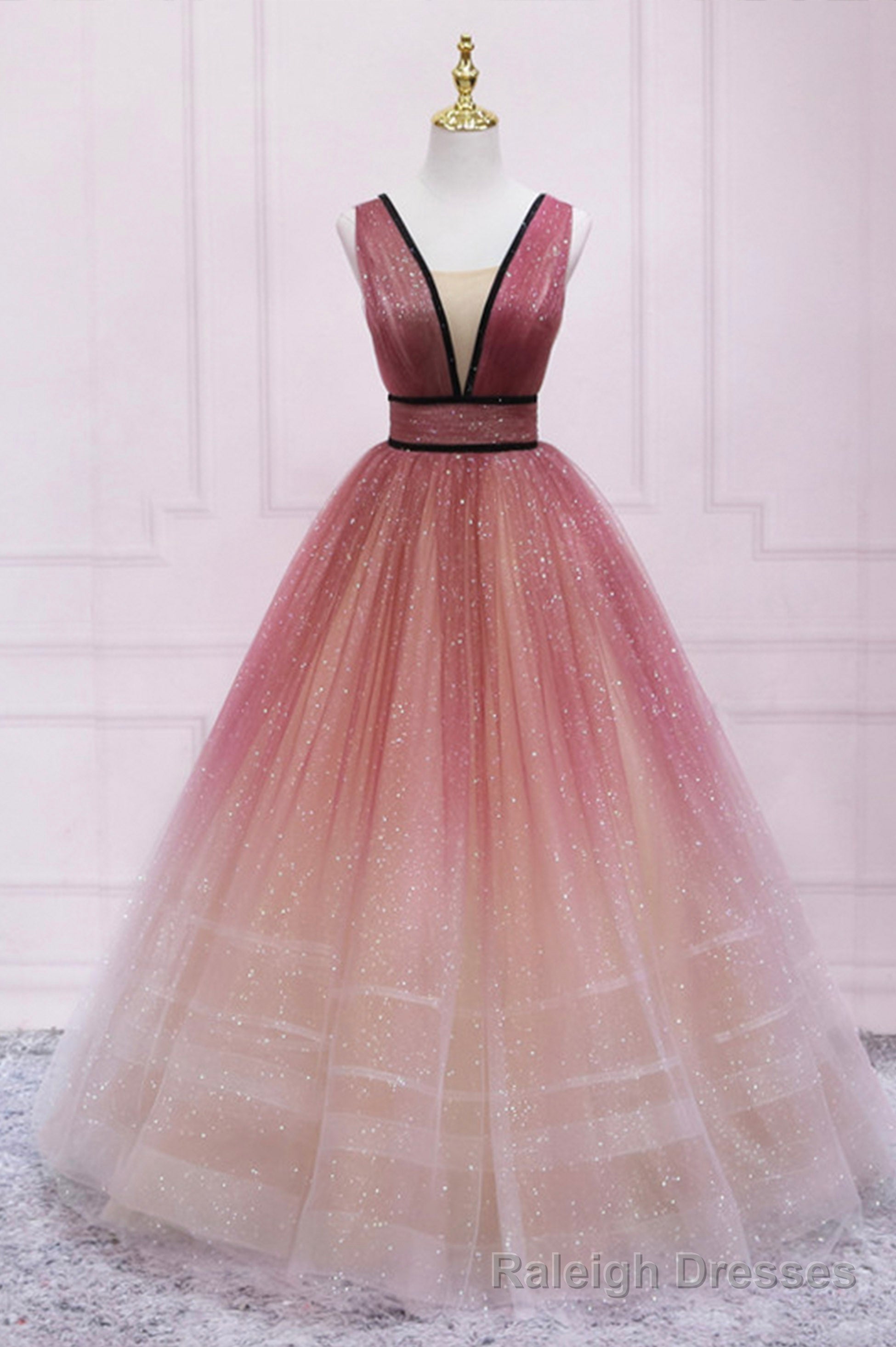 Cute Ombre Tulle V-Neck Long Party Dress, A-line Prom Dress