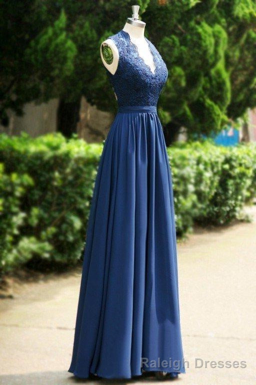 2026 Blue Floor Length/Long A Line Backless Lace V Neck Chiffon Prom Dresses
